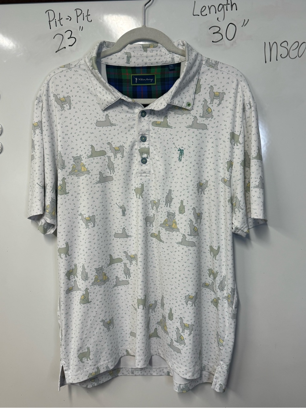 William Murray Golf Polo Shirt Mens Large White Llama Print Stretch Performance